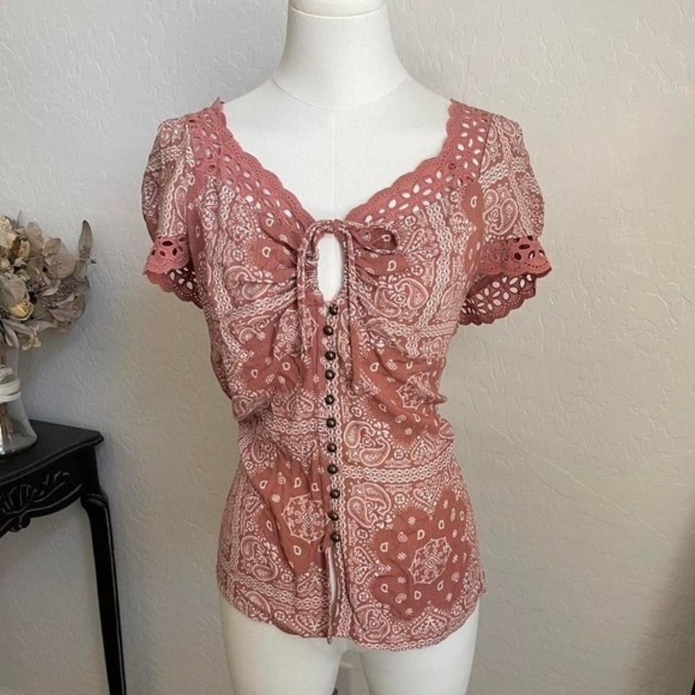 Willow + Root Paisley Blouse Womens XS Rose Pink Excellent Eyelet Boho Top